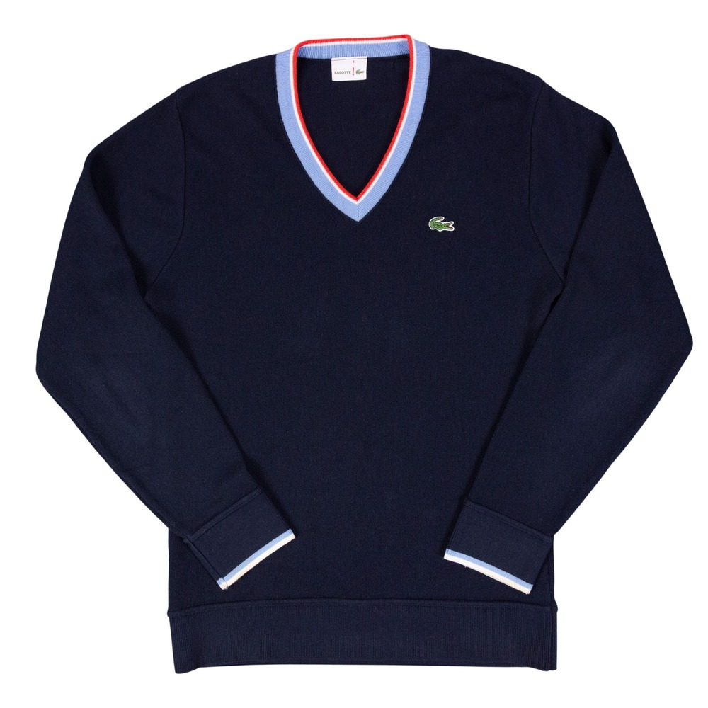 VTG Lacoste 90s V-Neck Sweater Mens Medium 4 Navy Cotton Acrylic Tipped Trim